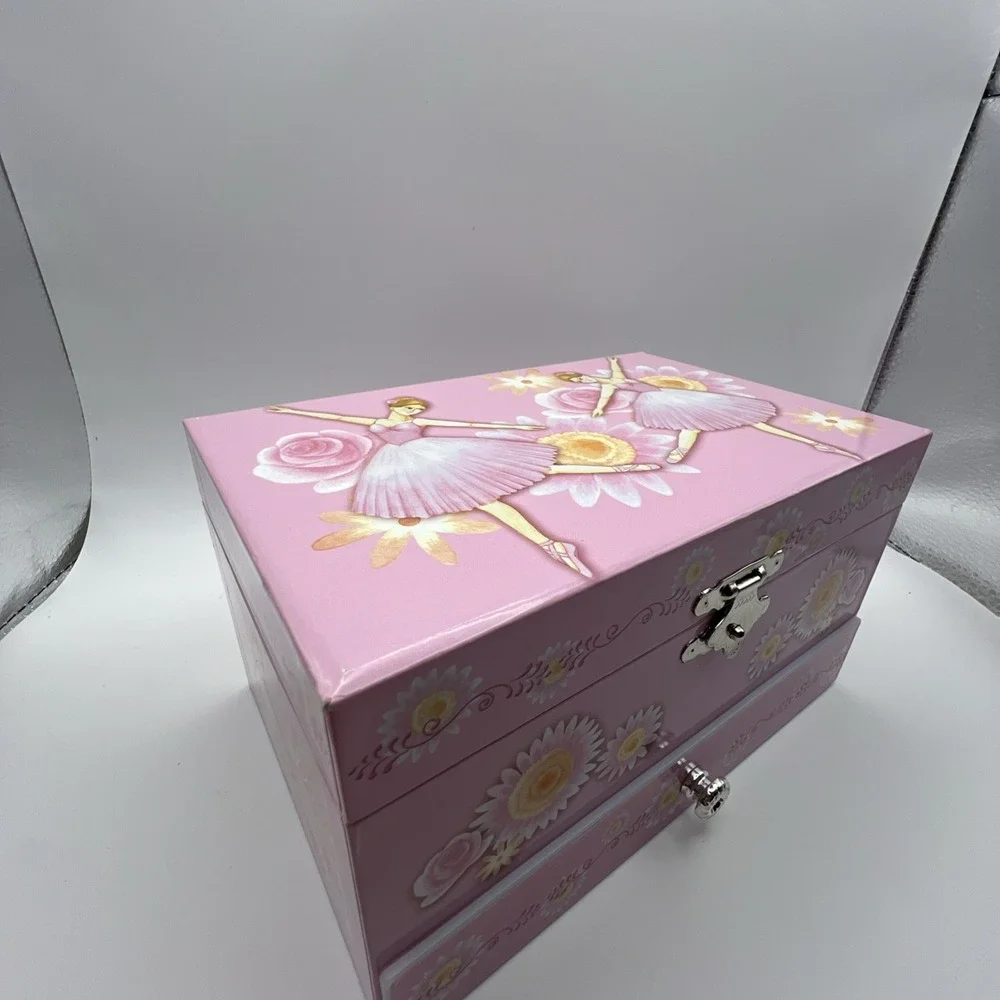 Ballerina Music Jewelry Box Pink Interior Floral Design with Drawer Collectible